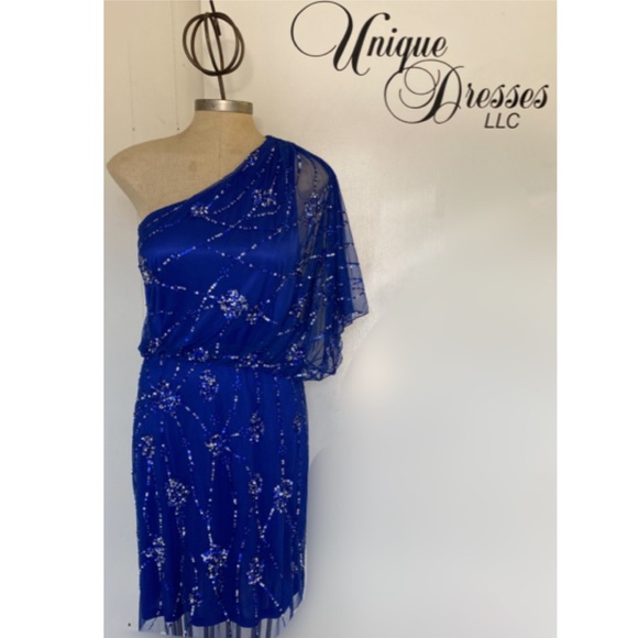 Adrianna Papell sequins draped one shoulder blouson dress - Picture 4 of 6